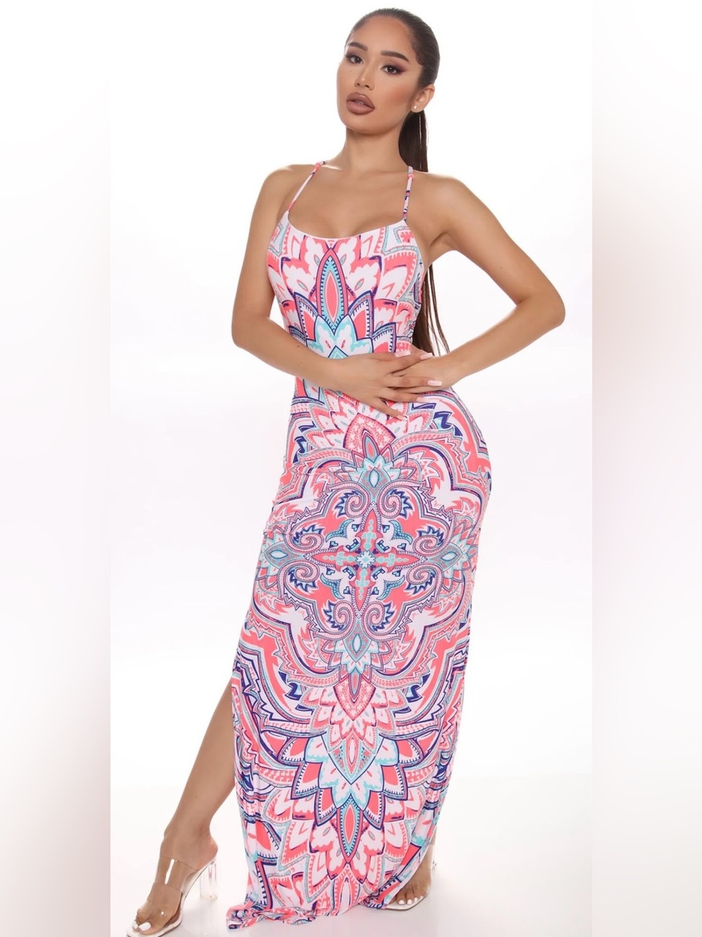 Printed Pink Multi-Color Maxi Dress with Spaghetti Straps